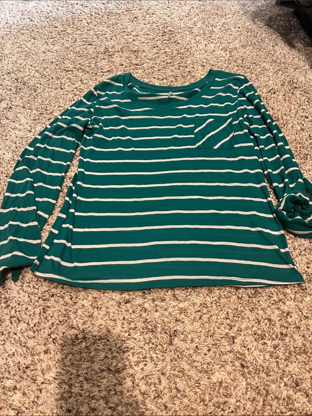 Striped Teal and Cream Long-Sleeve Pocket Tee